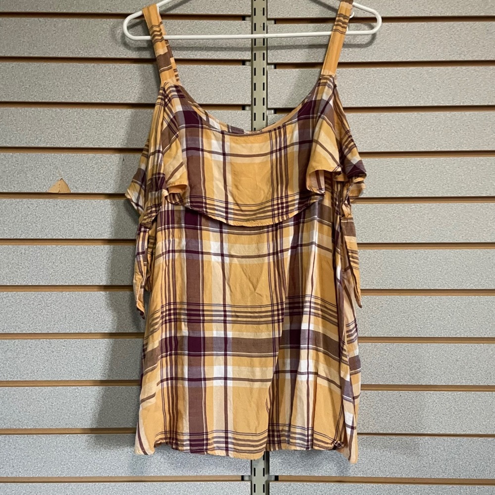 Maurice's Women's XL Plaid Tank Top Cold Shoulder Ruffle Tie Strap Casual